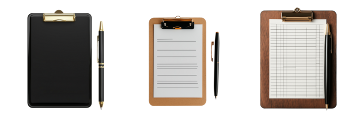 Set of Overhead photo of a clipboard containing a checklist and a coffee cup on transparent png background. Ai generated