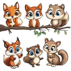 Fototapeta premium Cartoon Forest Animals Clipart, Fox, Owl, Squirrel