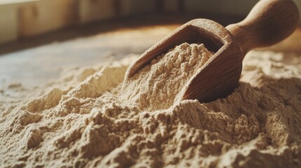 Heap of Vanilla Protein Powder with Wooden Scoop