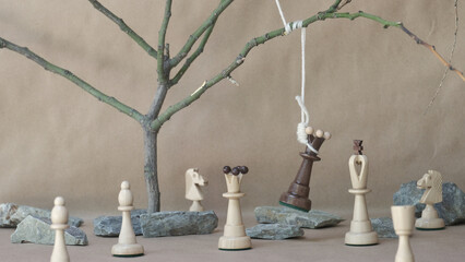 chess piece black queen hanging on noose among white chess pieces