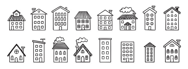 House building with roof doodle hand drawn icon set. Outline drawing house building with roof line clipart symbol collection