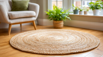 Cozy living room featuring round jute rug wooden flooring, complemented by green plant
