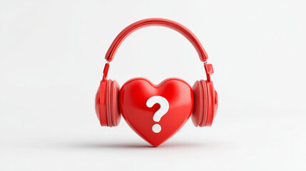 Red heart with headphones and question mark symbolizes love and music connection