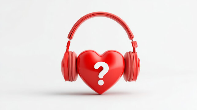 Red heart with headphones and question mark symbolizes love and music connection