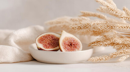 Fresh figs on plate with dried grass, creating warm and inviting atmosphere