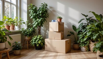 Cozy Indoor Scene with Plants and Moving Boxes in Bright Natural Light for Home Decor Inspiration
