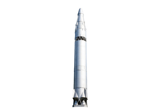 Soviet intercontinental 2 stage missile on white background.