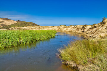 Wetland, river and sand dunes in the extreme north of North Island, New Zealand: the Te Werahi Stream close to Cape Maria van Diemen and Cape Reinga
