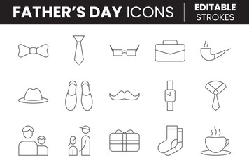 Father’s Day Icon Set – Flat & Line Style, Includes Tie, Mustache, Hat, Tools, Watch, Vector Symbols for Cards, Apps, Posters, UI