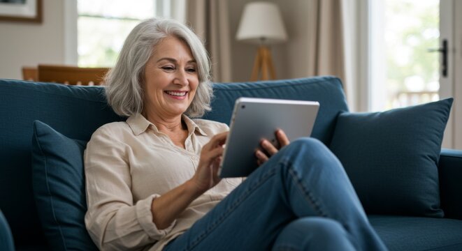 Happy senior woman relaxing on couch at home using tablet technology - Powered by Adobe