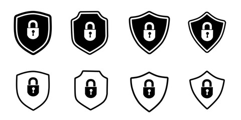Security shield logo icon set, vector logotypes of security shields, or protected safety symbols. Protection secure lock signs vector illustration.