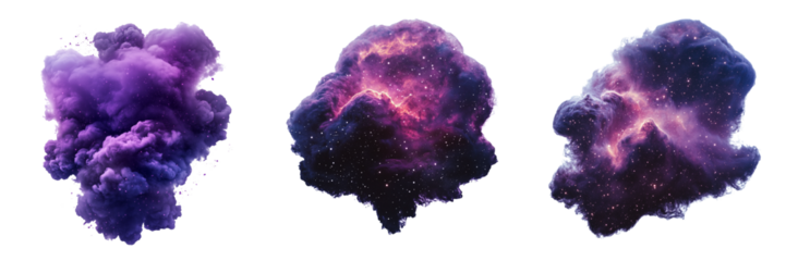 Set of Realistic ink photography featuring multiple gradients of purple ink splashes, frozen in motion, on a crisp white surface on transparent png background. Ai generated