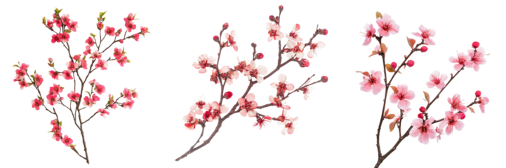 Set of Side angle view of a delicate pink blossom branch with petals softly curling on transparent png background. Ai generated
