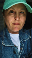 woman middle 40 years old portrait close-up in jacket and cap