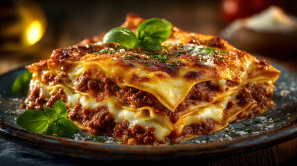 Mouthwatering Close-Up of Traditional Italian Lasagne with Bolognese and Béchamel, 8K Photorealistic Food Photography
