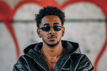 portrait of a young hispanic man in urban style with sunglasses on the street