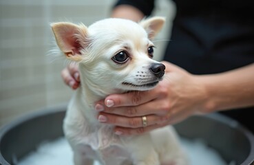 Small white dog enjoying spa grooming. Pet is bathed in salon tub, enjoying hygiene care, cleansing, fluffy fur. Dog washes. Animal relaxing during spa treatment with shampoo. Love, care, fun concept.