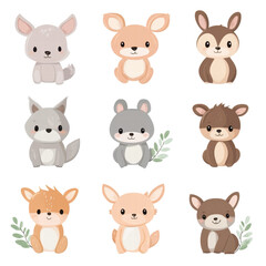 Fototapeta premium Cute Baby Animals Clipart, Pastel Colors, Clean Edges