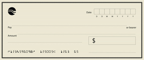 Blue Bank check, vector blank money cheque, checkbook template with guilloche pattern and fields. Currency payment coupon, money check background	