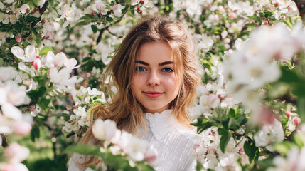 Fototapeta premium Portrait of a young woman with blonde hair surrounded by white blossoms in a garden setting