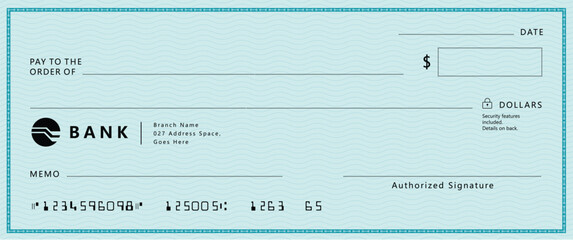 Blue Bank check, vector blank money cheque, checkbook template with guilloche pattern and fields. Currency payment coupon, money check background	