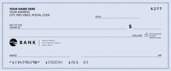 Blue Bank check, vector blank money cheque, checkbook template with guilloche pattern and fields. Currency payment coupon, money check background	