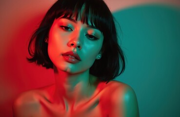 Fototapeta premium Dreamy woman portrait under red and green neon light. Pretty girl with short hairstyle, closed eyes enjoying atmosphere, red lips, smooth skin. Fashion, beauty, body care, skincare.