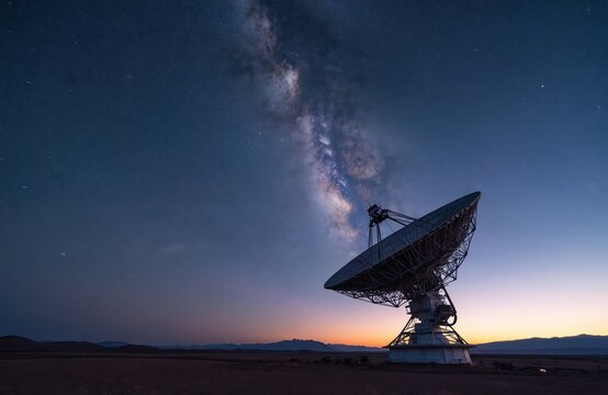 Large radio telescope dish under Milky Way galaxy. Night sky astrophotography view. Astronomy research, space exploration, science, tech, communication concepts, wireless radar. New Mexico.