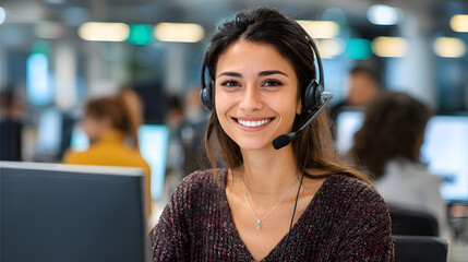 Professional Indian Female Customer Support Representative with Headset in Modern Office, 8K Photorealistic
