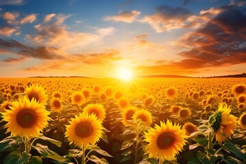 Obraz premium Sunflower Field: A vast field of sunflowers under the golden rays of the sun, radiating warmth and positivity