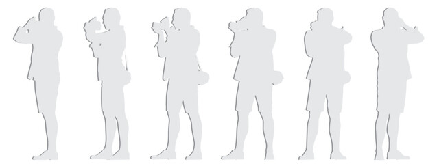 Vector concept conceptual  gray paper cut silhouette of a man taking a photo  from different perspectives isolated on white background.  A metaphor for photography, art, creativity, hobby and lifestyl