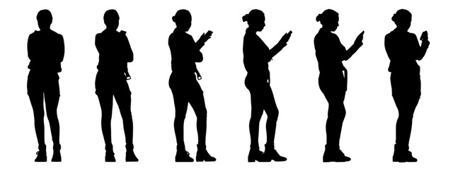 Vector concept conceptual black silhouette of a young woman checking her phone from different perspectives isolated on white background. A metaphor for communication, connection, leisure and lifestyle