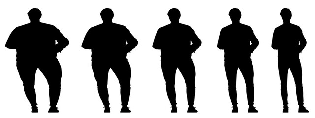 Conceptual fat overweight obese man vs slim fit healthy body after weight loss or diet, white background banner. A  fitness, nutrition or obesity, health care shape illustration vector as silhouettes