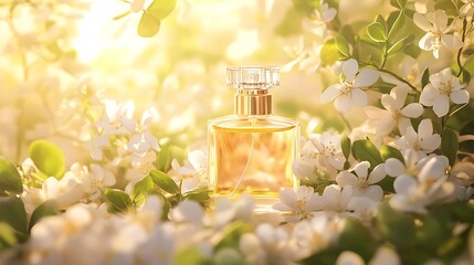 Golden perfume bottle surrounded by spring blossoms.