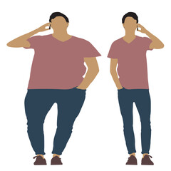 Conceptual fat overweight obese man vs slim fit healthy body after weight loss or diet, white background. A  fitness, nutrition or obesity, health care shape illustration vector as silhouettes