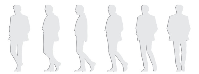 Vector concept conceptual gray paper cut silhouette of a man in an elegant costume from different perspectives isolated on white background. A metaphor for fashion, entertainment and lifestyle