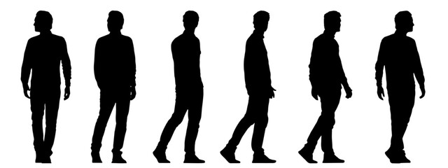 Vector concept conceptual black silhouette of an young man walking from different perspectives isolated on white. A metaphor for casual, fashion, relaxation, leisure and lifestyle