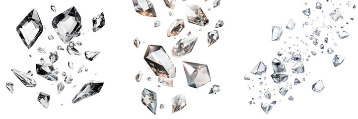 Set of Group of faceted diamonds in mid-fall on a white studio on transparent png background. Ai generated