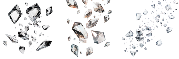 Set of Group of faceted diamonds in mid-fall on a white studio on transparent png background. Ai generated