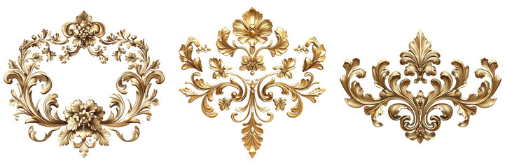 Set of Golden vintage decorative plate with intricate raised floral designs on transparent png background. Ai generated