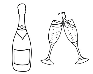 Champagne Bottle and two clinking Glasses in doodle style. Vector black and white illustration isolated on a background. Line art.