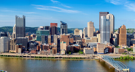 Panoramic aerial view of Pittsburgh city in sunny day in Pittsburgh, Pennsylvania.