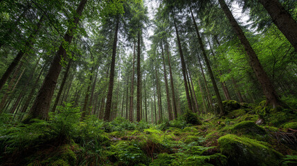 Fototapeta premium A view looking up through a dense forest with tall trees and lush green mossy undergrowth in the woods