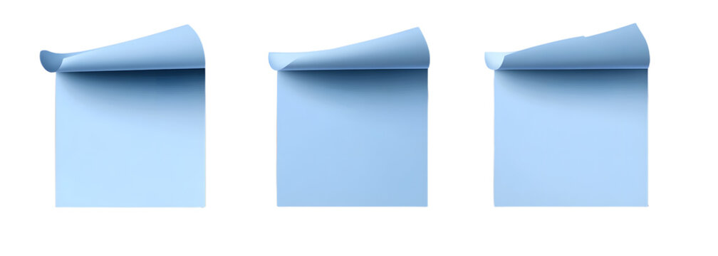 Collection of three blue sticky notes with curled corners isolated on a transparent background, ideal for organization and office concepts