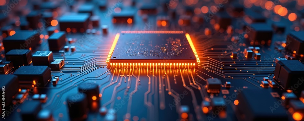 Poster monochromatic illustration advanced quantum processors technology. computer chip micro circuit board