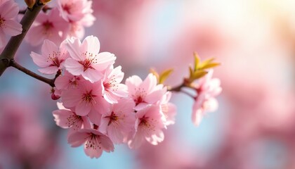 Close-up of cherry blossoms in bloom. Pink flowers on tree branches, floral spring scene. Soft focus of delicate petals, sunlight brightens, peaceful serene background. Perfect for floral designs,