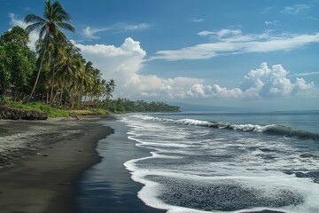 Tropical beach with dark sand and waves