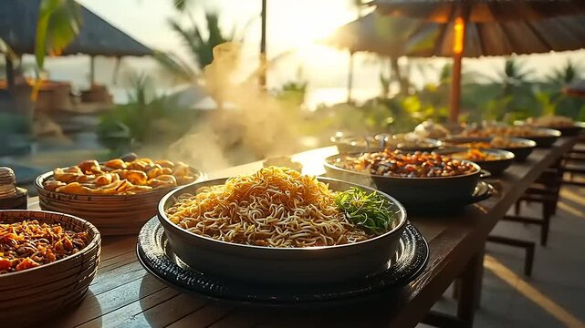 Buffet featuring an array of noodle dishes displayed beautifully outdoors in tropical paradise