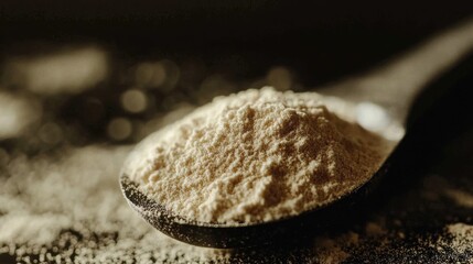 Measuring Spoon Filled with Vanilla Protein Powder