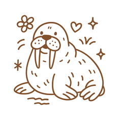 Cute Walrus Line Art Vector Illustration